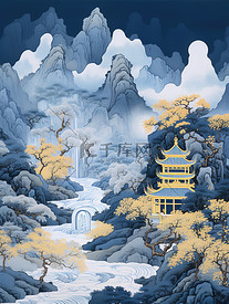中国山水画诗意的绘画哑光蓝色18