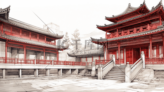 手绘中国古代建筑插画图片_手绘中国古代建筑插画12