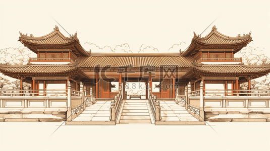 钢笔画插画图片_手绘中国古代建筑插画16