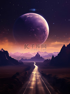 紫色花路插画图片_一条梦幻太空之路行星14