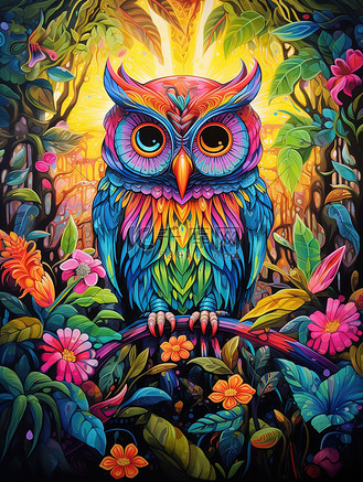 卡通丛林图片素材_色彩丰富丛林中猫头鹰卡通插画17