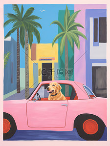坐车狗插画图片_一只狗坐车粉色的车里旅行17