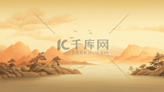 金色秋季中国风山水画插画15
