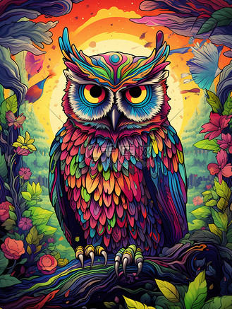 色彩丰富丛林中猫头鹰卡通插画15