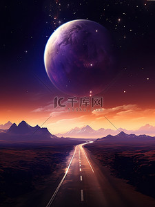 紫色花路插画图片_一条梦幻太空之路行星7