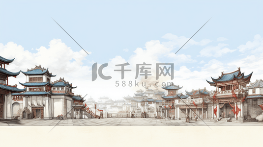 手绘中国古代建筑插画图片_手绘中国古代建筑插画14