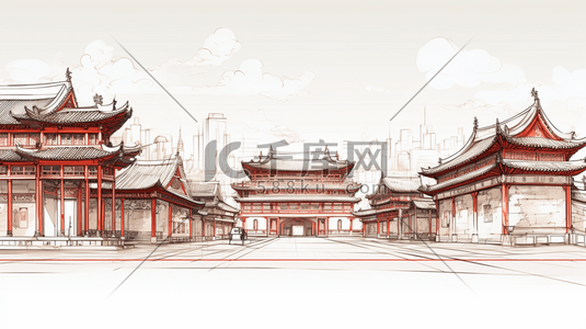 钢笔画插画图片_手绘中国古代建筑插画11