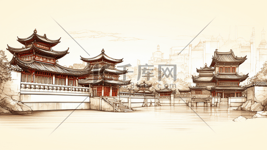 深灰色钢板插画图片_手绘中国古代建筑插画9