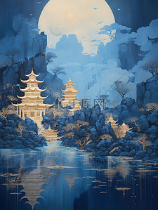中国山水画诗意的绘画哑光蓝色6