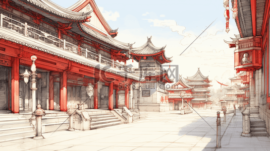 深灰色钢板插画图片_手绘中国古代建筑插画10