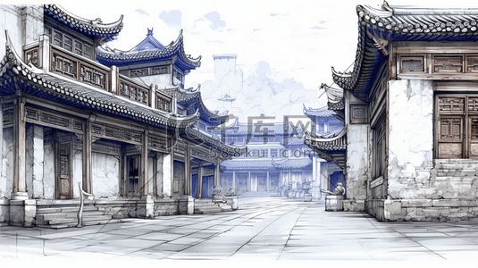 钢笔画插画图片_手绘中国古代建筑插画5
