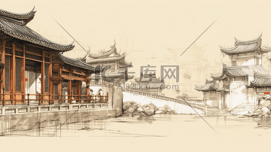 钢笔画插画图片_手绘中国古代建筑插画18