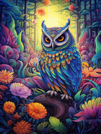 色彩丰富丛林中猫头鹰卡通插画12