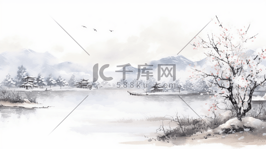 冬季绘画插画图片_冬季梅花中国风古典插画12