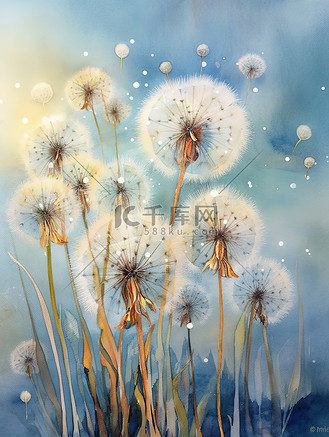 水彩画蒲公英蓝色背景插画8