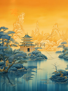 中国山水画诗意的绘画哑光蓝色10
