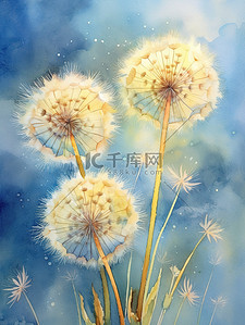 蓝色水彩画插画图片_水彩画蒲公英蓝色背景插画16