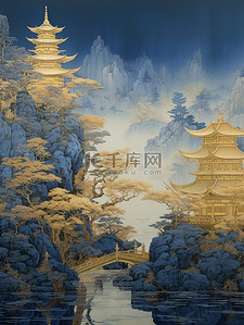 中国山水画诗意的绘画哑光蓝色15