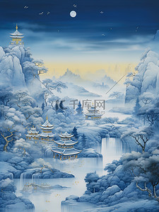 中国山水画诗意的绘画哑光蓝色5