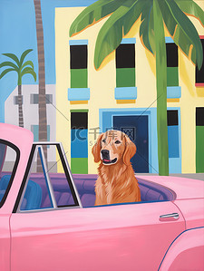 坐车狗插画图片_一只狗坐车粉色的车里旅行19