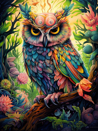 色彩丰富丛林中猫头鹰卡通插画2