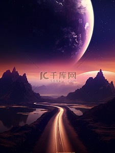 紫色花路插画图片_一条梦幻太空之路行星3