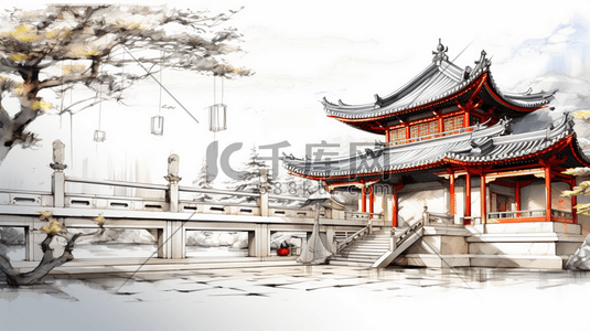 钢笔画插画图片_手绘中国古代建筑插画3