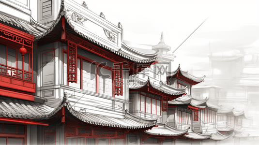 钢笔画插画图片_手绘中国古代建筑插画6
