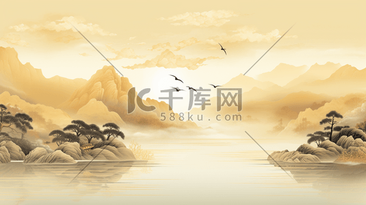 中国风山水画插画图片_金色秋季中国风山水画插画5