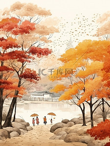散步枫叶插画图片_秋天在公园里散步的人民9
