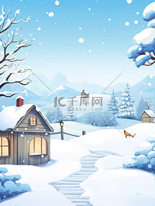 白雪树插画图片_白雪覆盖的屋顶树雪人圣诞景观2