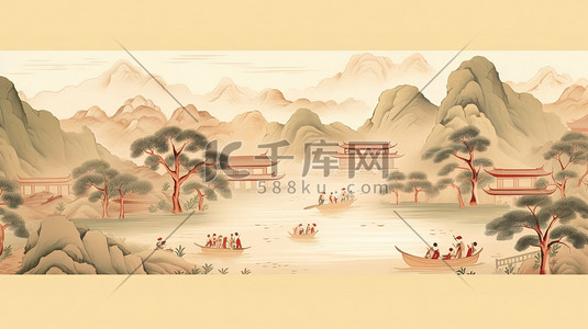 长方形背景纹理插画图片_中国古代风景长卷轴绘画15