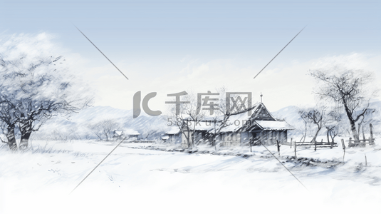 冬季白雪山水水墨插画2