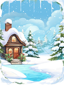 圣诞7插画图片_白雪覆盖的屋顶树雪人圣诞景观7