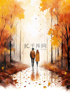 穿过森林插画图片_一对情侣在秋天穿过森林16
