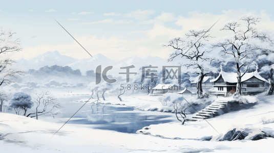 冬季白雪山水水墨插画3