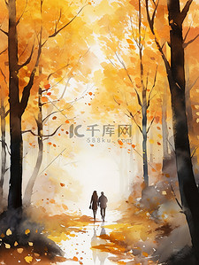 穿过森林插画图片_一对情侣在秋天穿过森林7