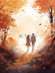 穿过森林插画图片_一对情侣在秋天穿过森林1