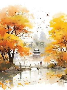 散步枫叶插画图片_秋天在公园里散步的人民14