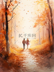 一对情侣在秋天穿过森林11