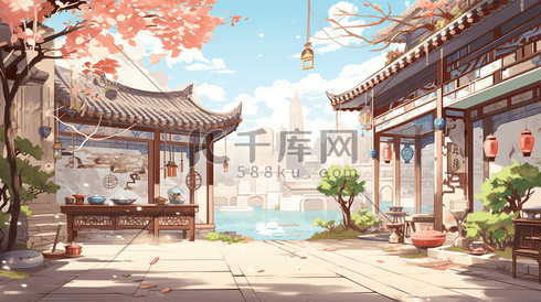 中国风古建筑场景插画1