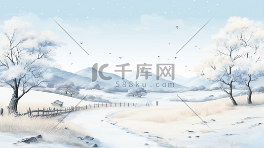 冬季白雪插画图片_冬季白雪山水水墨插画15