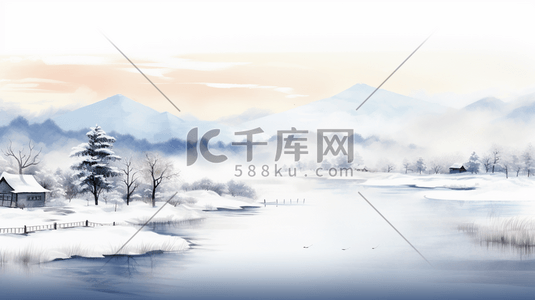 冬天白雪山水水墨插画14