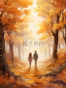 穿过森林插画图片_一对情侣在秋天穿过森林4