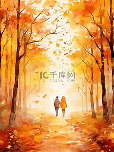 穿过森林插画图片_一对情侣在秋天穿过森林5