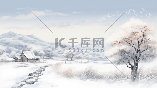 冬季白雪插画图片_冬季白雪山水水墨插画7