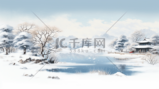 冬季白雪山水水墨插画14