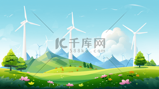绿色环保风车插画图片_扁平化环保新能源插画9