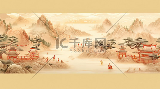 14k金色插画图片_中国古代风景长卷轴绘画14
