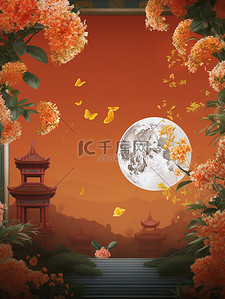 中秋节复古中国风插画图片_中国风复古中秋海报桂花月亮牌坊11